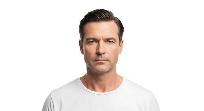 A portrait of a man with dark hair and a white t shirt against a black background looking at the camera on transparent background