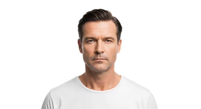 A portrait of a man with dark hair and a white t shirt against a black background looking at the camera on transparent background
