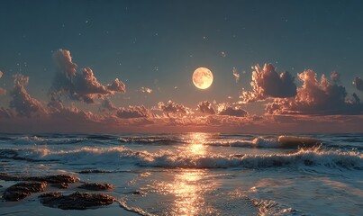 Luminous moon drifting above a starry night horizon casting a silver path on the ocean