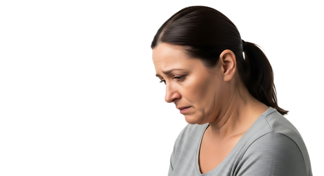 A woman with dark hair in a ponytail looking down with a sad expression against a black background space on transparent background