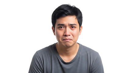 Fototapeta premium A young man with dark hair and a gray shirt is crying with tears in his eyes against a black background on transparent background