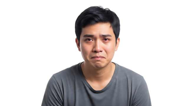 A young man with dark hair and a gray shirt is crying with tears in his eyes against a black background on transparent background