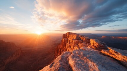 Fototapeta premium A stunning view of the horizon at sunrise over a grand canyon, highlighting the interplay of light and land in a breathtaking display of natural beauty and wonder.