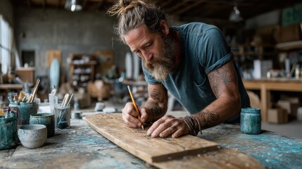 An artistic man dedicatedly working on a wooden piece in his workshop, symbolizing creativity, craftsmanship, and the beauty of hands-on artistry in a serene environment.