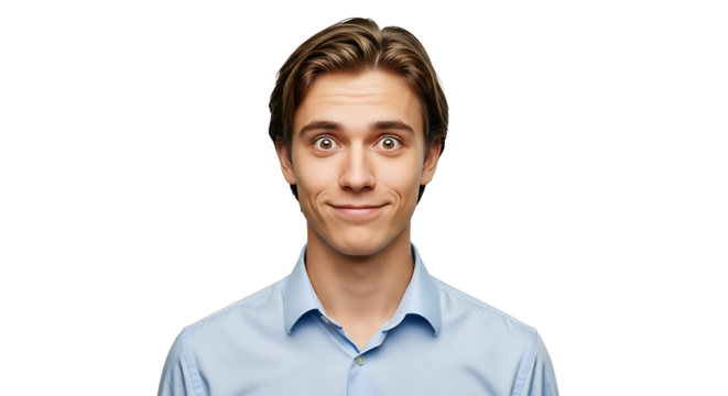 A young man with brown hair and a light blue shirt making a surprised expression against black background on transparent background