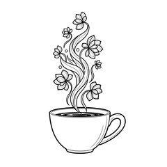 Cup of coffee with steaming flowers illustration in black and white