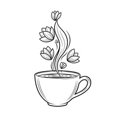 Cup of tea with steaming flowers illustration in black and white