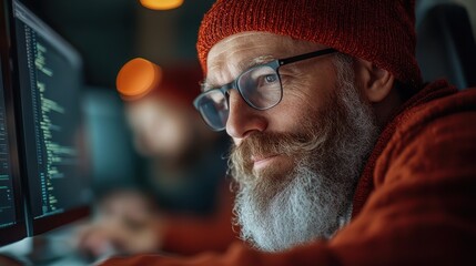 A focused bearded man in a red knit hat works diligently at his computer, encapsulating the essence of creativity and concentration in a cozy tech environment.