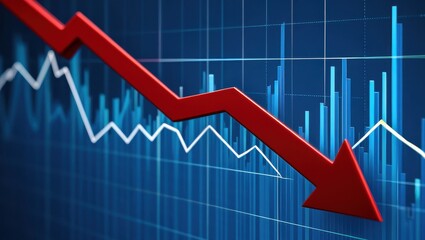 Obraz premium Red arrow pointing downward on a blue graph illustrating declining profits, losses, and the challenges of a financial crisis, highlighting market instability and recession trends