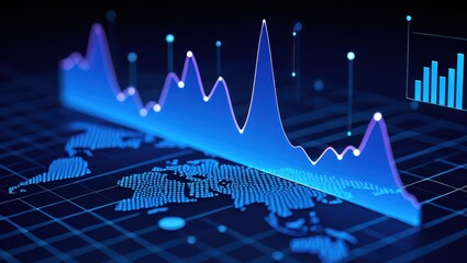 Global business and stock market analysis featuring a growth graph and a dotted world map, illustrating international trends and investment opportunities