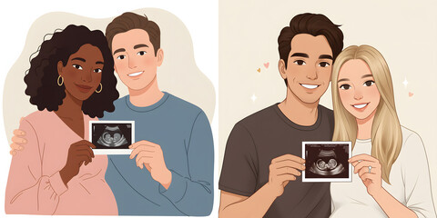 Couples celebrating pregnancy with ultrasound photos together indoors  