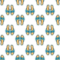 Seamless pattern with elegant light blue open-toe slippers with bows on white background. Cartoon vector background