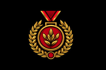 Victory medal vector logo with gold and red colors and laurel leaves, sporty style, triumph and honor