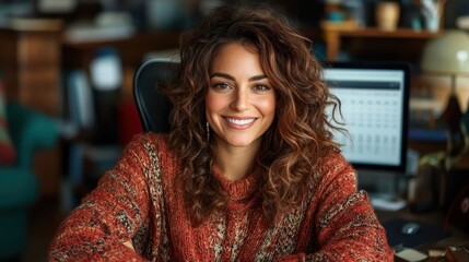 A cheerful young woman with curly hair, wearing a cozy sweater, smiles at the camera while sitting in a stylish workspace, radiating warmth and positivity.