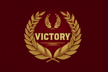 Victory medal vector logo with gold and red colors and laurel leaves, sporty style, triumph and honor