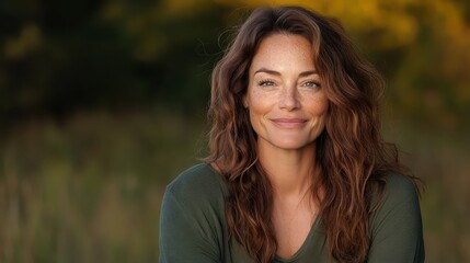 Fototapeta premium A captivating portrait of a confident woman with beautiful curls in natural light, radiating joy and empowerment amidst the serene backdrop of nature's beauty.