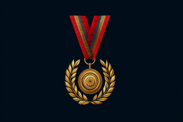 Victory medal vector logo with gold and red colors and laurel leaves, sporty style, triumph and honor