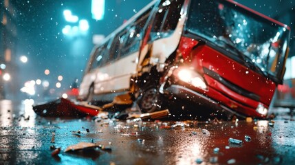 A dramatic scene unfolds as a red bus lies wrecked on a rain-soaked street, highlighting the chaos and severity of urban traffic accidents and emergencies at night.
