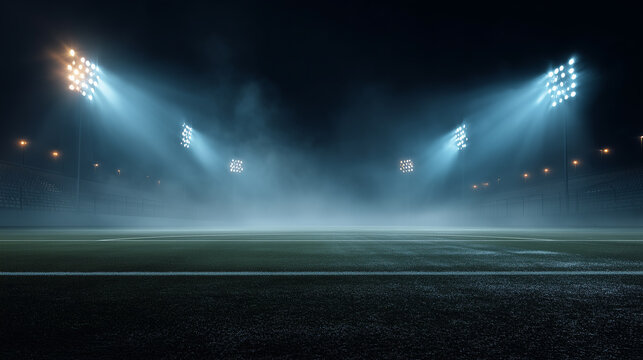 Empty Football Field at Night – Stadium Lights, Misty Atmosphere, Dramatic and Anticipatory Mood