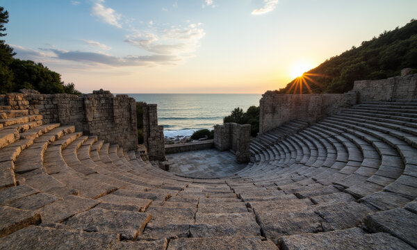 A Deserted Open-Air Amphitheater on the Coast its Stone Seats Facing the Sunrise Over the Sea