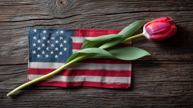 American Flag with Tulip Flower on Wooden Background – Memorial Day Tribute Concept