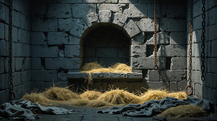 Medieval prison wall with niche and straw