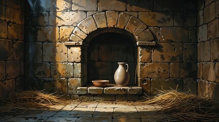 Medieval prison wall with niche, bowl, and jug
