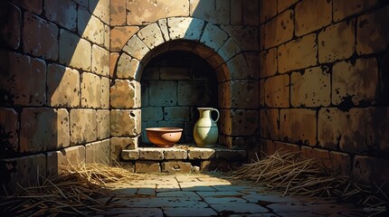 Medieval prison wall with niche, bowl, and jug