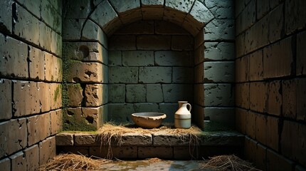 Medieval prison wall with niche, bowl, and jug