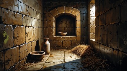 Medieval prison wall with niche, bowl, and jug