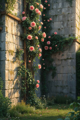 Exterior of a high medieval windowless stone wall, front view (90°) with climbing roses
