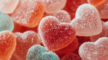 A vibrant and enticing collection of heart-shaped gummy candies, glistening with sugar, representing sweetness and the joy of indulging in colorful treats that evoke fond memories.