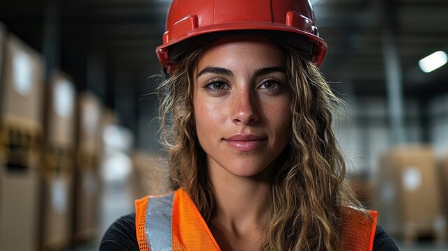 A focused young woman wearing a bright orange safety vest and hard hat, representing the strength and dedication of women in male-dominated industries, set against a warehouse background.