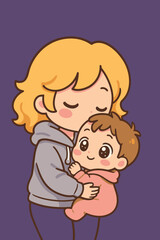 Cute Chibi Mom Kissing Baby – Kawaii Mother and Child Vector Illustration