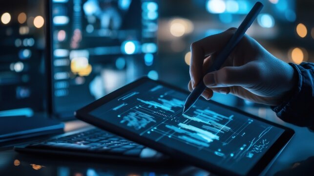 Person using digital tablet at night