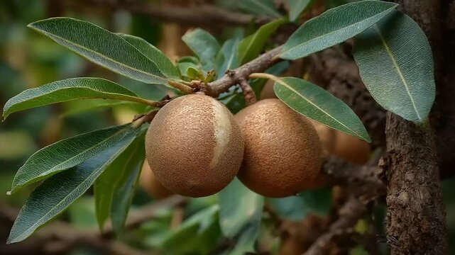 Close-up of ripe sapodilla fruits hanging from a branch surrounded by lush green leaves