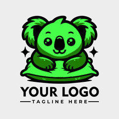 Cute green koala resting on a pillow, logo design with space for text.