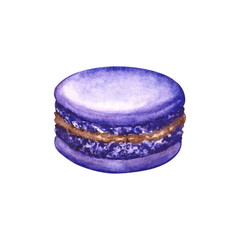 Macaroon cookies. Hand-drawn watercolor illustration. Purple color. Isolate. Almond confectionery. Element of your design. For banners, websites, packaging, menus, flyers, and more.