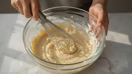 Fototapeta premium Close-up of hands whisking batter in a glass bowl.