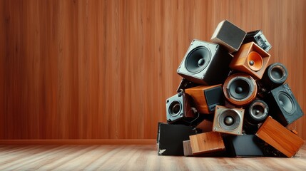 A pile of vintage and modern wooden speakers arranged creatively against a wooden wall, showcasing a blend of music culture and artistic craftsmanship in a stylish setting.