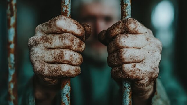 A close-up of dirty hands gripping rusted prison bars evokes feelings of despair and confinement, representing the harsh realities of imprisonment and human struggle.