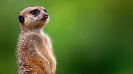 Fototapeta premium A curious meerkat stands upright against a soft green background, showcasing its inquisitive nature, This image can be used for wildlife articles, educational content, or animal conservation projects
