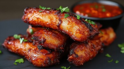 A mouthwatering display of crispy fried chicken wings, garnished with herbs, paired with a rich dipping sauce, showcasing the irresistible appeal of delicious comfort food.