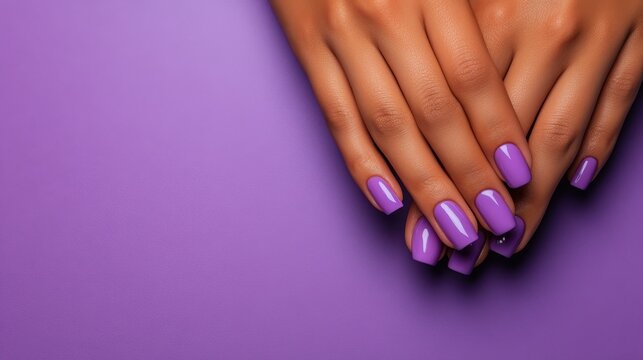 Beautifully manicured hands showcasing vibrant purple nail polish against a solid purple background, expressing personal style and elegance in nail artistry and self-care.