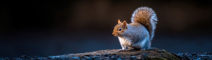 Obraz premium A vibrant close-up of a squirrel perched on a log, showcasing its distinct features against a blurred background, This image can be used for nature-themed projects, articles
