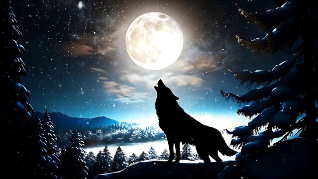 Silhouette of a wolf howling at the moon in a snowy winter landscape