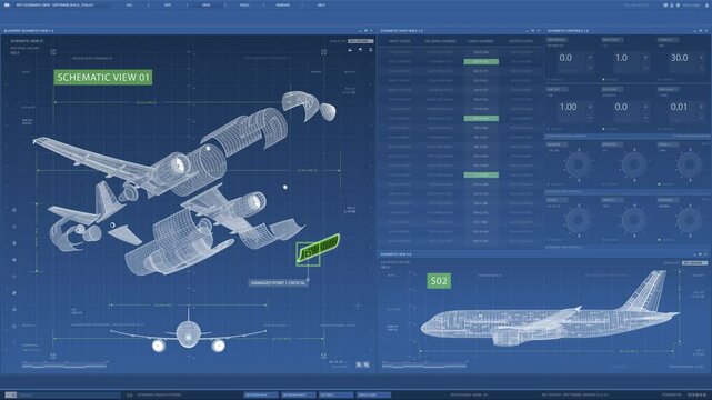 The detailed schematics of aircraft components come equipped with various metrics in an advanced analysis interface