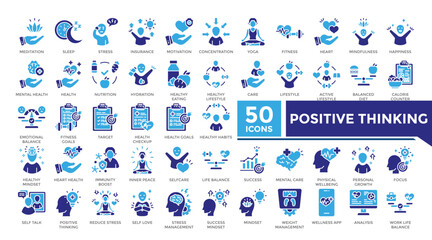 Positive thinking icon solid two color set collection. This set includes mental health, meditation, inner peace, yoga, healthy lifestyle and more icons in solid style. Icons collection for infographic