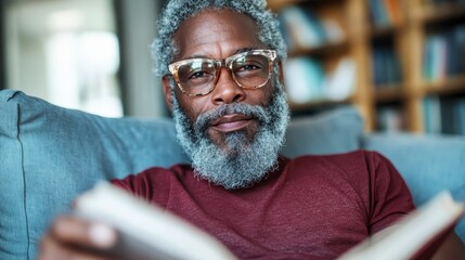 Fototapeta premium A thoughtful gentleman enjoys reading a book while seated comfortably in his living room, surrounded by bookshelves that emit a warm, inviting atmosphere of tranquility.