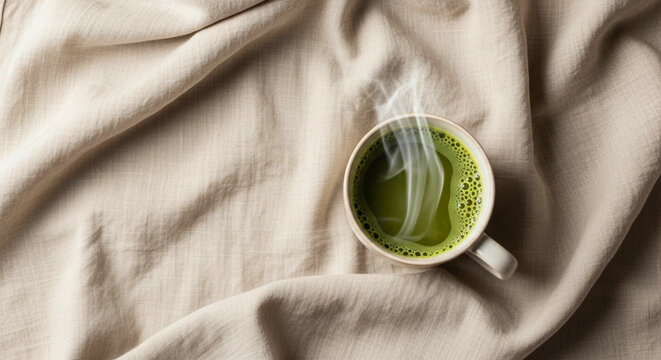 Steaming Matcha Tea Flat Lay On Soft Beige Linen &ndash; Minimalistic Japandi Horizontal Style